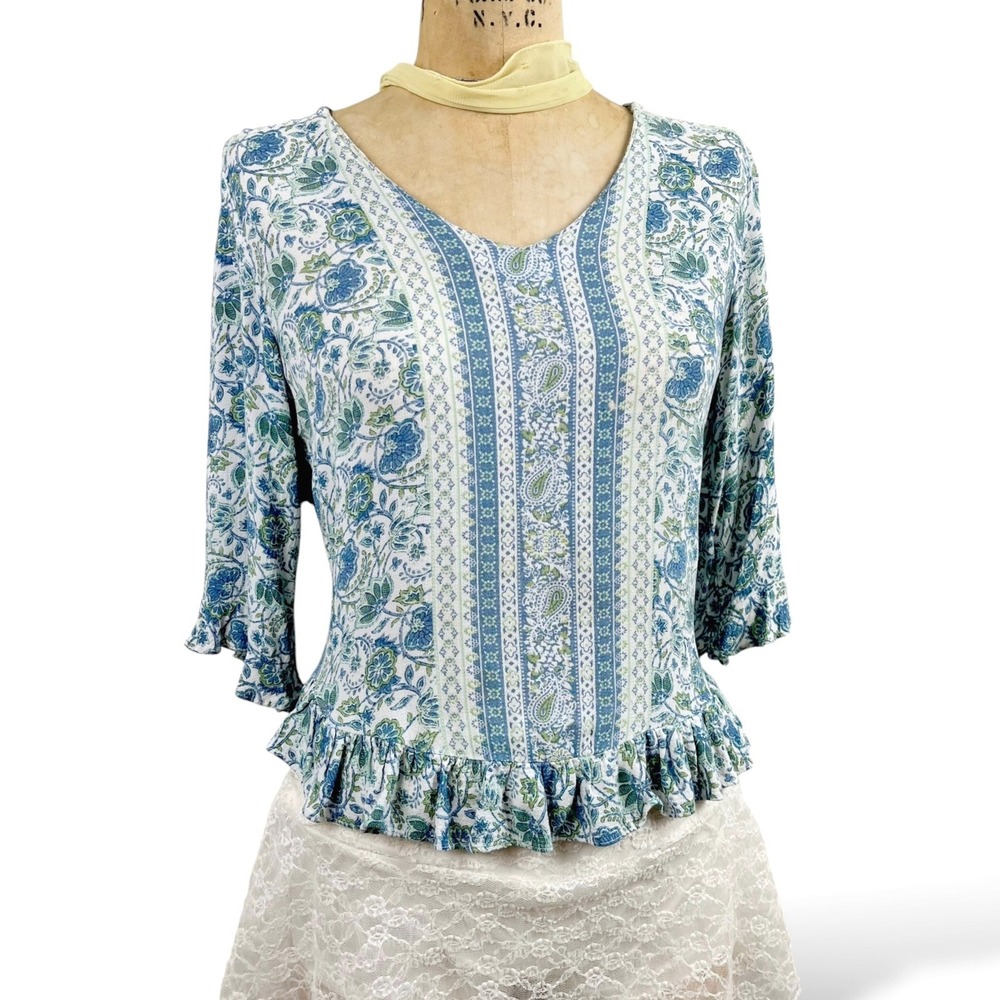 Boho Womens S Ruffle Floral Blouse Rose & Thyme Blue Paisley Peasant Top Cottege - Picture 2 of 11